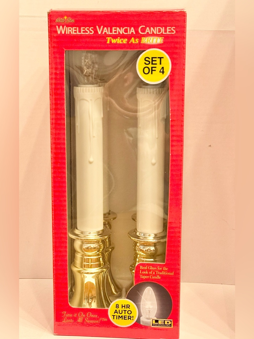 Wireless Candles Set of 4 
LED Taper Candles  9”with Gold Bases lights Window